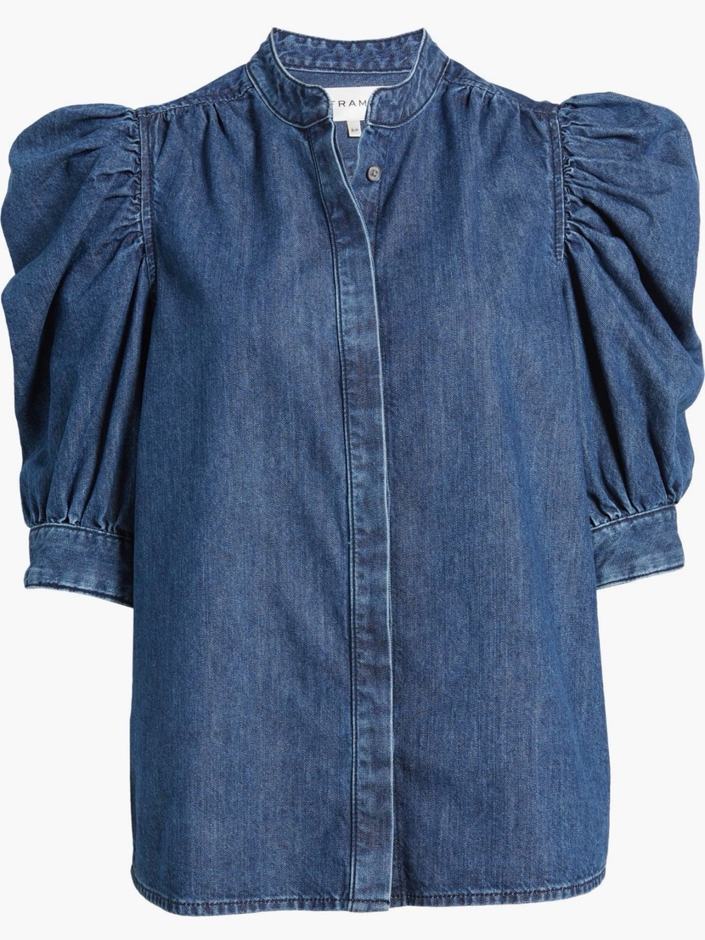 FRAME Gillian Puff Sleeve Denim Shirt Top S/P Blue Button Front - Picture 5 of 10